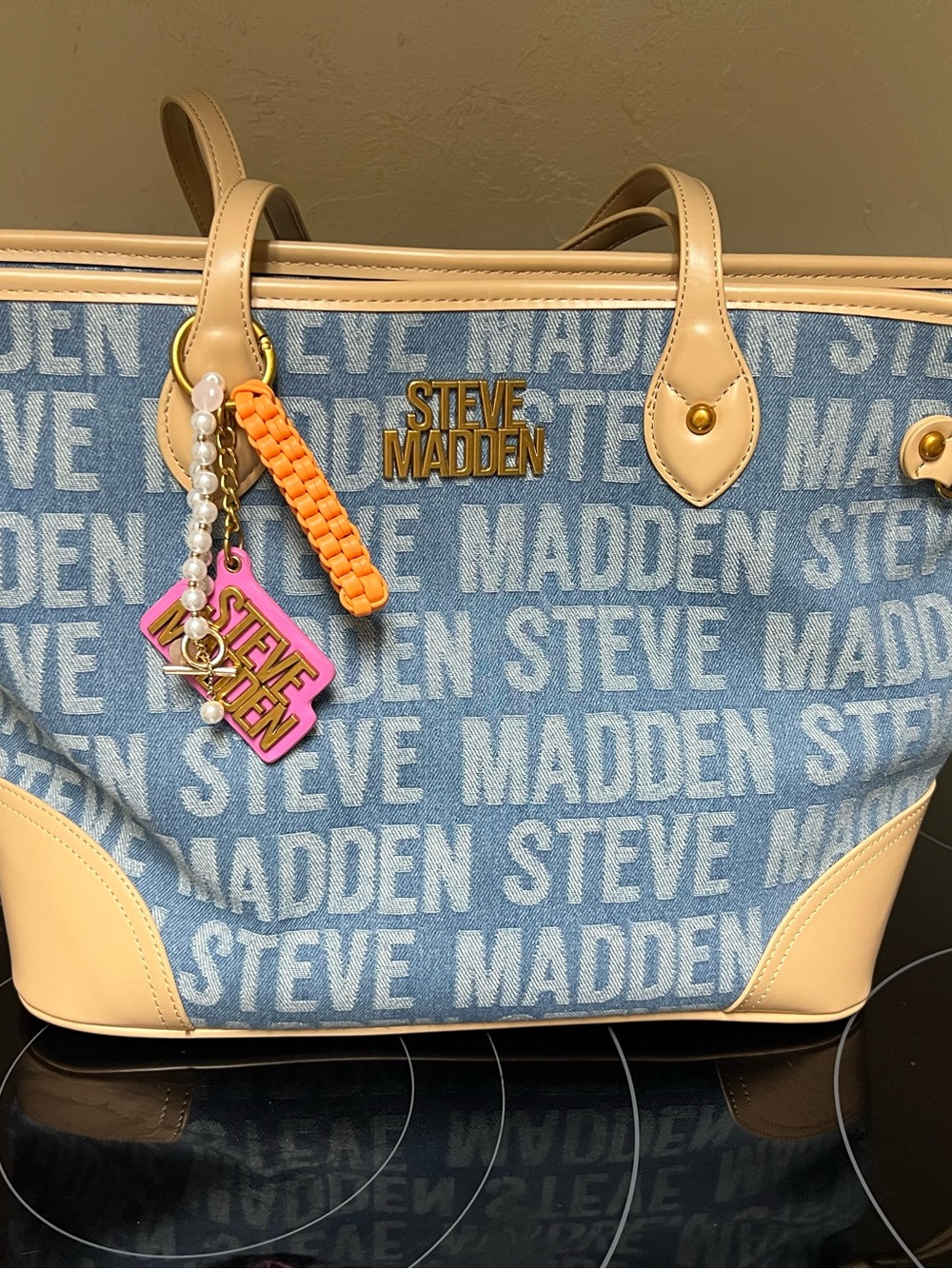 Steve Madden Blue Logo Tote with Tan Trim and Pink Charm